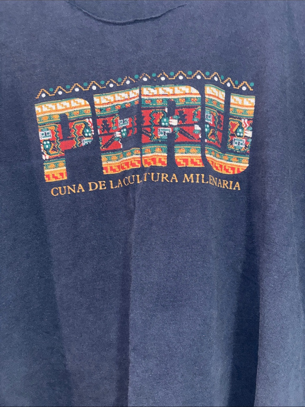 Peruvian Connection Navy Tee with Colorful Andean Graphic